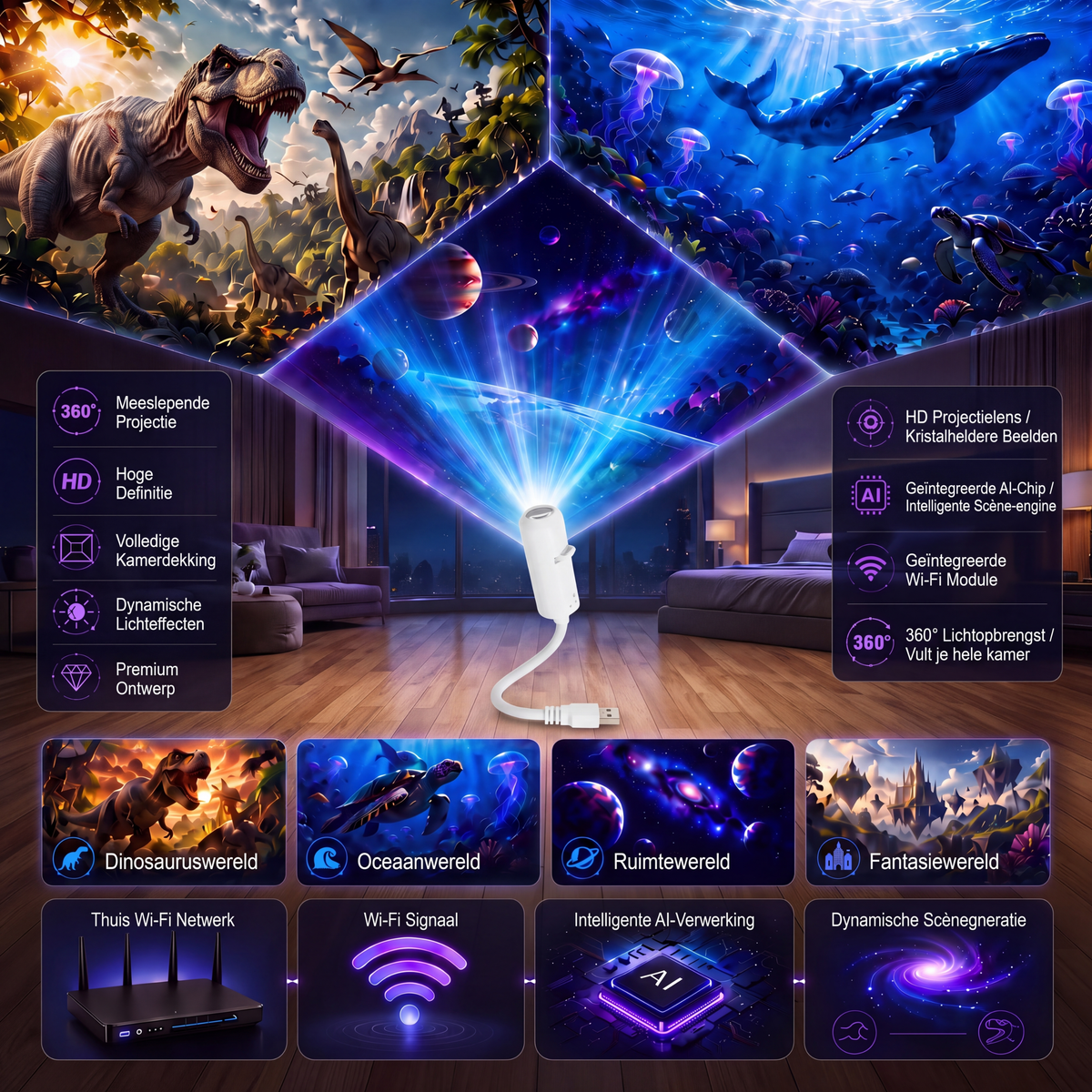Kosmo Sterrenprojector - LED Nachtlampje met 360° Draaibare Kop