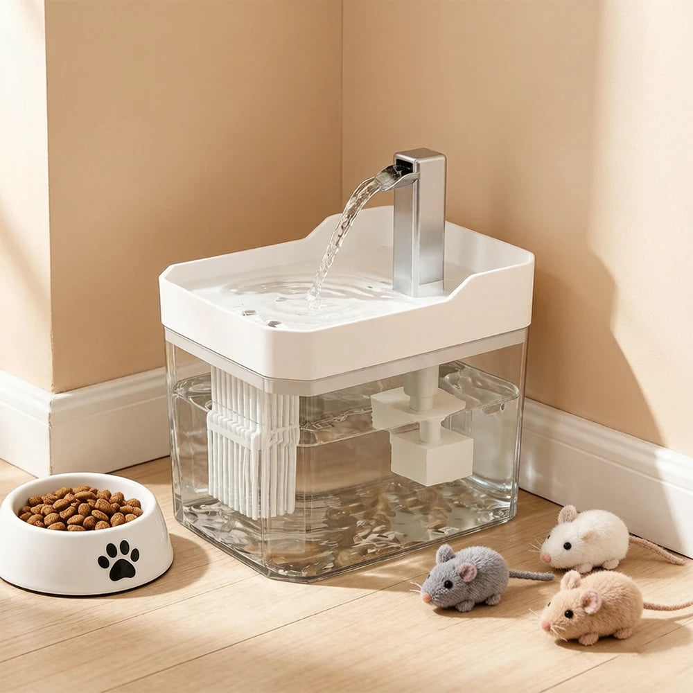 Transparante kattenfontein met filter, pomp en zichtbaar waterniveau