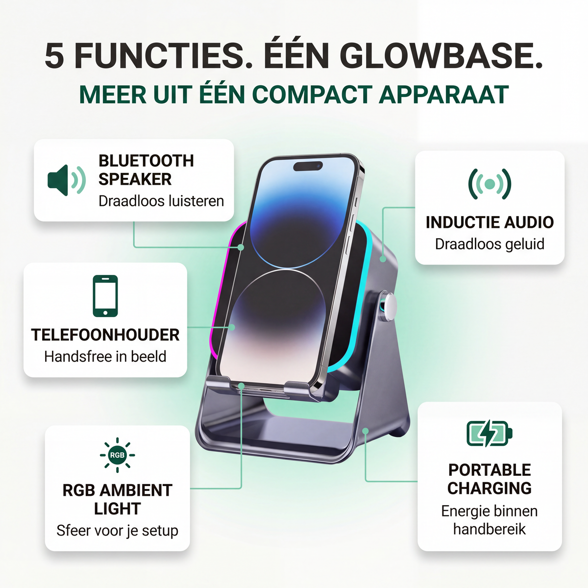 GlowBase - Bluetooth Speaker Telefoonhouder met RGB-verlichting