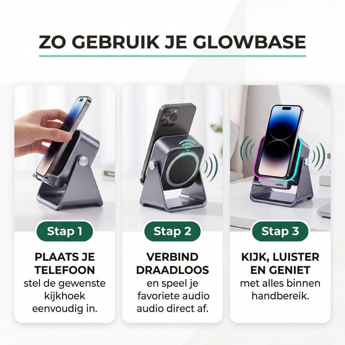 GlowBase - Bluetooth Speaker Telefoonhouder met RGB-verlichting